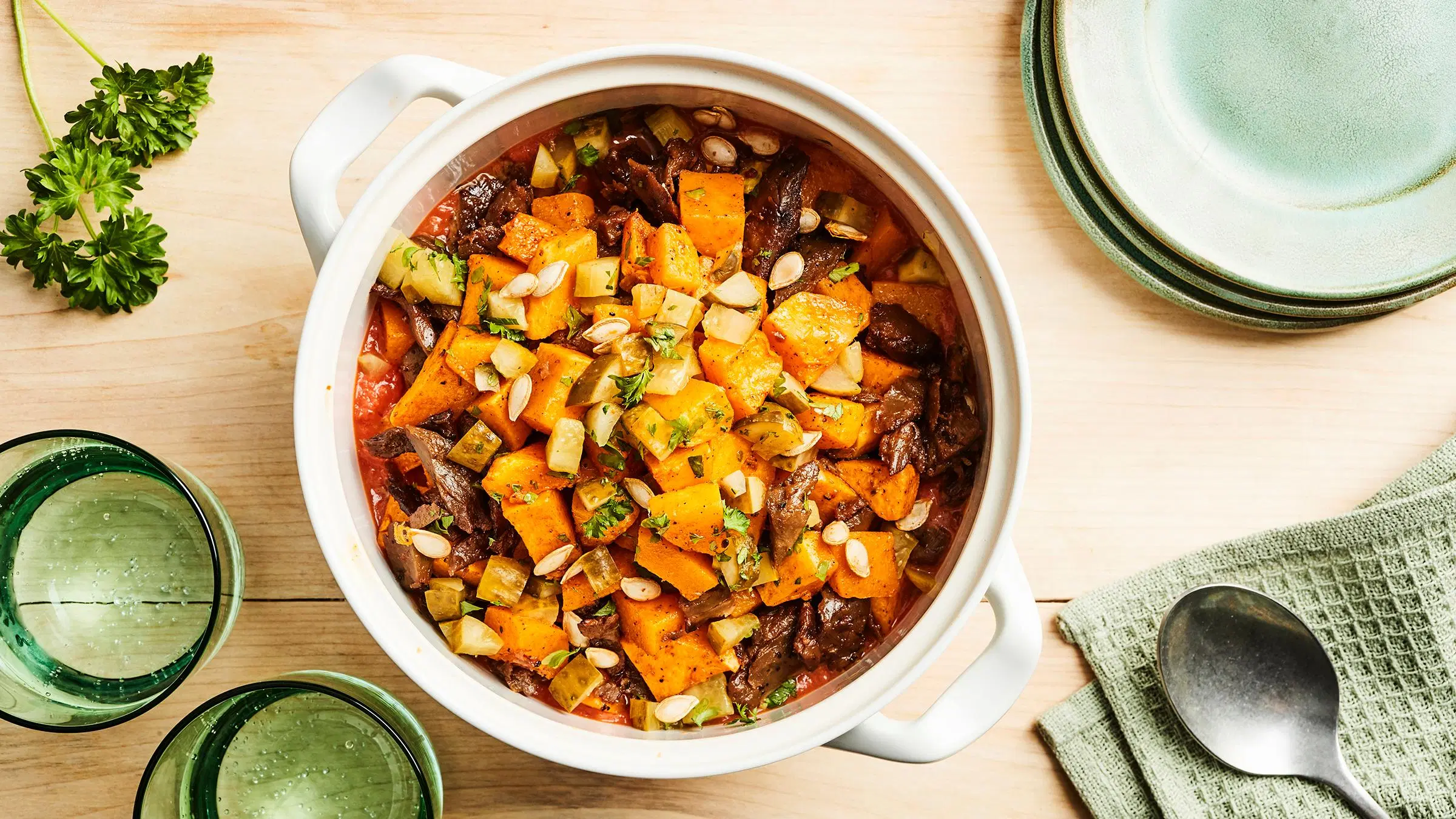 Kurpitsastroganoff padassa