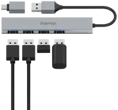 Hama USB-hubi, 4-porttinen, USB-A uros, USB-C adapteri, 4 x USB-A, USB 3.2 Gen 1, 5 Gbit/s, Ultra-slim, 0,15 m - 4