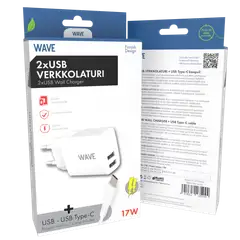 Wave 17 W verkkolaturi 2 x USB-A + USB Type-C -kaapeli valkoinen - 2