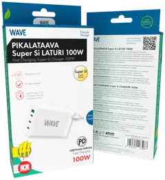 Wave 100W Pikalataava Super Si -verkkolaturi, 3 x USB Type-C + 1 x USB-A, Valkoinen - 4