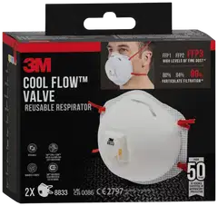 3M™ Cool Flow™ hiukkassuojain 8833, FFP3, venttiili, 2 kpl/pakkaus - 3