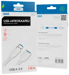 Wave USB3.0 (USB-A uros - USB-A naaras) jatkokaapeli, 1,8m, Valkoinen - 2