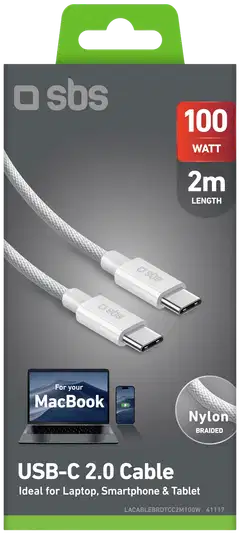 SBS Punottu USB‑C-kaapeli 100W, 2 m, valkoinen - 2