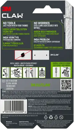 3M CLAW™-taulukoukku kipsilevylle, 11 kg 3PH11-2UKN, 2 ripustuskoukkua - 12