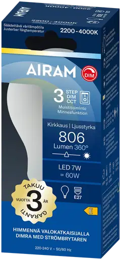 Airam LED 3-step color 360° vakiokupu E27 2200K-4000K 806lm - 2