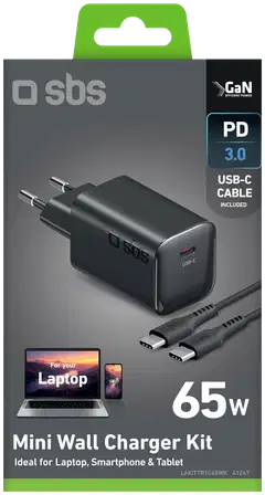 SBS GaN mini -seinälaturipaketti, USB‑C PD65W + USB‑C 60W kaapeli 2 m, musta - 2