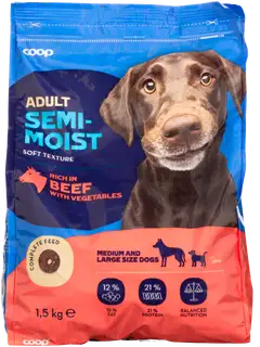 Coop puolikostea ruoka sis. nautaa ja kasviksia täysikasvuisille koirille täysrehu 1,5 kg - 1