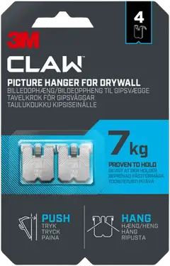 3M CLAW™-taulukoukku kipsilevylle, 7 kg 3PH7-4UKN, 4 ripustuskoukkua - 1