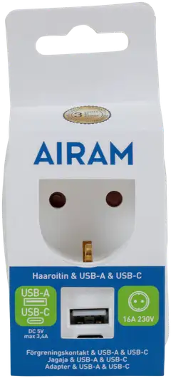 Airam USB adapteri 1xUSB 1xUSB-C 3,4A - 2