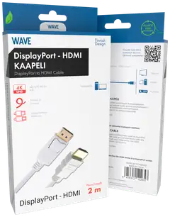 Wave DisplayPort uros - HDMI uros kaapeli, 2m, Valkoinen - 2