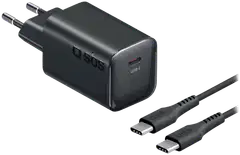 SBS GaN mini -seinälaturipaketti, USB‑C PD65W + USB‑C 60W kaapeli 2 m, musta - 1