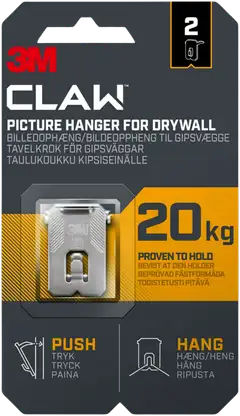 3M CLAW™-taulukoukku kipsilevylle, 20 kg 3PH20-2UKN, 2 ripustuskoukkua - 1