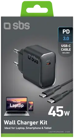 SBS Seinälaturipaketti, USB‑C PD45W + USB‑C 60W kaapeli 2 m, musta - 2