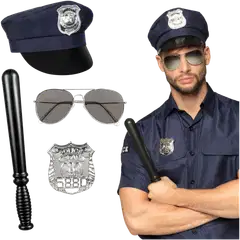 Poliisi asustesetti; hattu,lasit,pamppu ja virkamerkki - 1