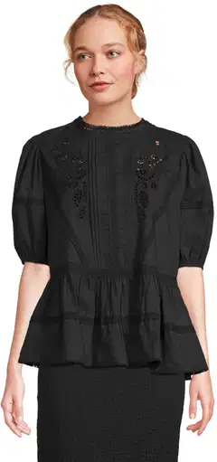 Margaux Riviera naisten lyhythihainen pitsisomisteinen frillapusero MG-001 - BLACK - 1