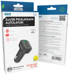 Wave 60W Pikalataava autolaturi, 2 x USB Type-C + 1 x USB-A, Musta - 2