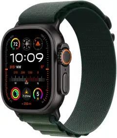 Apple Watch Ultra 2 GPS + Cellular 49mm mustatitaani kotelo, Dark Green Alpine Loop ranneke - Large - MX4T3KS/A - 2