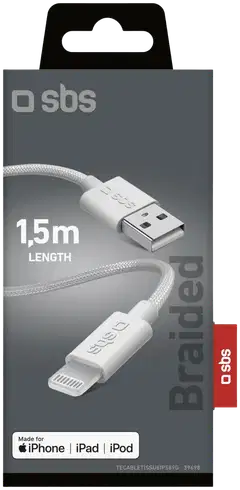 SBS latauskaapeli Usb-A To Lightning punottu 1,5 M harmaa - 2