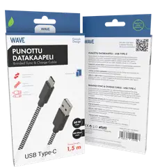 Wave Punottu Datakaapeli, USB Type-C, 1,5m, Mustavalkoinen - 1