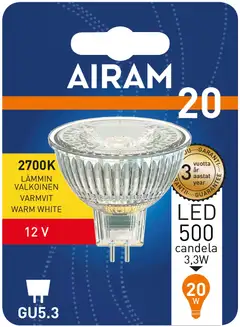 Airam Led kohde MR16 fullglass 3,2 W GU5.3 230 lm/500 cd 2700K 12V, blister - 2