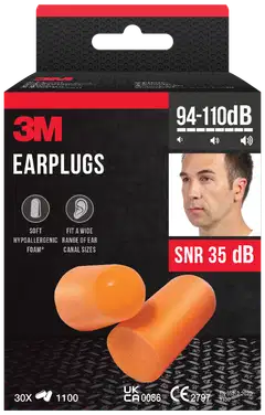 3M™ korvatulpat 1100, pehmeä vaahto, SNR-arvo 35 dB, oranssi, 30 paria/pakkaus - 1