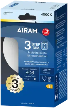 Airam LED Otso 3-step opaali 360° globe-95 E27 4000K 806lm - 2