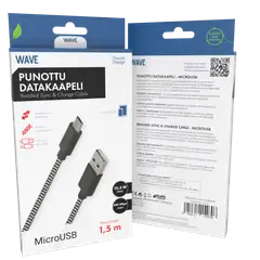 Wave Punottu datakaapeli, MicroUSB (480 Mbps), 1,5m, Mustavalkoinen - 1