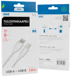 Wave USB2.0 (USB-A uros - USB-B uros) tulostinkaapeli, 1,8m, Valkoinen - 2