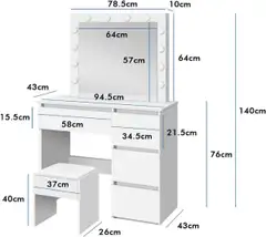 Lykke meikkipöytä valolla Amelia 94 cm valkoinen - 2