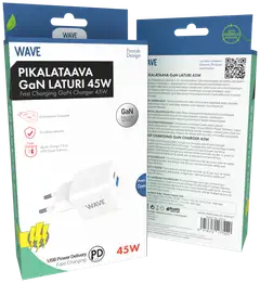 Wave 45W Pikalataava GaN -verkkolaturi, 1 x USB Type-C + 1 x USB-A, Valkoinen - 2