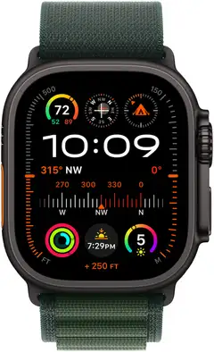 Apple Watch Ultra 2 GPS + Cellular 49mm mustatitaani kotelo, Dark Green Alpine Loop ranneke - Small - MX4Q3KS/A - 1