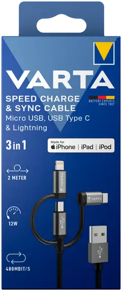 Varta 3-in-1 monikäyttökaapeli 2m musta - 1