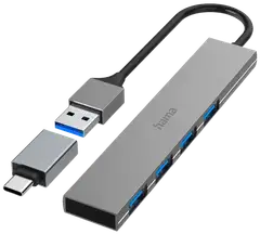 Hama USB-hubi, 4-porttinen, USB-A uros, USB-C adapteri, 4 x USB-A, USB 3.2 Gen 1, 5 Gbit/s, Ultra-slim, 0,15 m - 1