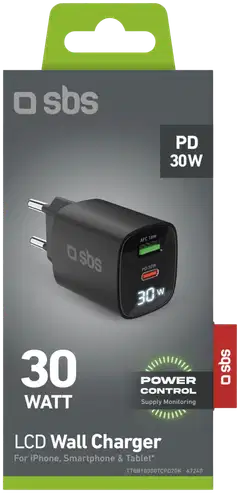 SBS seinälaturi Gan Usb-C + Usb-A + LCD 30 W - 2