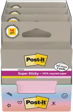 Post-it® Super Sticky 100% Recycled -viestilaput, 654-RSS2-PSYP, keltainen ja vaaleanpunainen, 76 mm x 76 mm, 70 viestilappua/lehtiö, 2 lehtiötä/pakkaus - 4