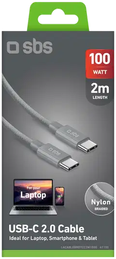 SBS Punottu USB‑C-kaapeli 100W, 2 m, harmaa - 2