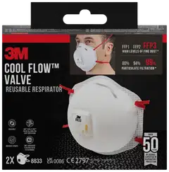 3M™ Cool Flow™ hiukkassuojain 8833, FFP3, venttiili, 2 kpl/pakkaus - 1