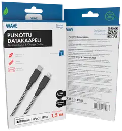 Wave Punottu datakaapeli, USB Type-C -> Apple Lightning (MFI), 1,5m, Mustavalkoinen - 2