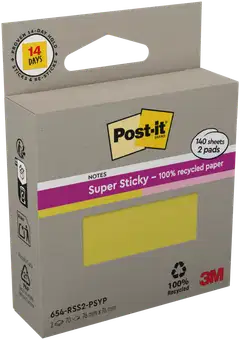 Post-it® Super Sticky 100% Recycled -viestilaput, 654-RSS2-PSYP, keltainen ja vaaleanpunainen, 76 mm x 76 mm, 70 viestilappua/lehtiö, 2 lehtiötä/pakkaus - 3