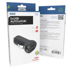 Wave Autolaturi, 2 x USB (10W), musta - 4