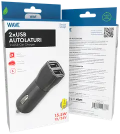 Wave Autolaturi, 2 x USB (15,5W), Musta - 2