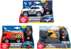 Dickie Toys - BMW poliisiauto, Volvo paloauto tai Volvo minikavinkone ja ohjain, 3 erilaista, myydään yksittäin - 1