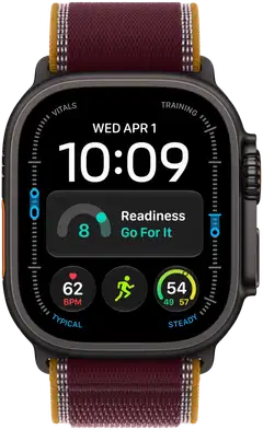 Apple Watch Ultra 4 GPS + Cellular 49 mm:n musta titaanikuori ja viininpunainen Trail Loop -ranneke - M/L - MJC44KS/A - 1