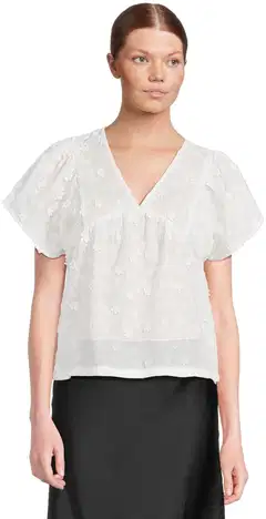 WKLY. naisten lyhythihainen puuvilla brodyyripusero 228W090625 - WHITE - 1