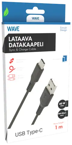 Wave Datakaapeli, Type-C, 1m, Musta - 1