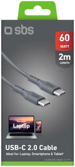 SBS USB‑C-kaapeli 60W, 2 m, harmaa - 2