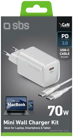 SBS GaN mini -seinälaturipaketti, USB‑C PD70W + USB‑C 60W kaapeli 2 m, valkoinen - 2
