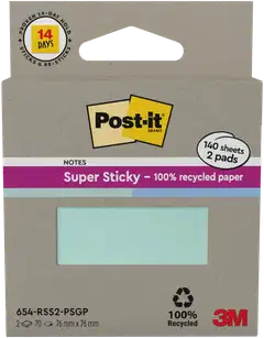 Post-it® Super Sticky 100% Recycled -viestilaput 654-RSS2-PSGP, mintunvihreä ja sininen, 76 mm x 76 mm, 70 viestilappua/lehtiö, 2 lehtiötä/pakkaus - 2