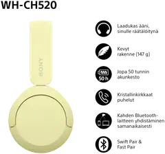Sony Bluetooth sankakuulokkeet WH-CH520Y keltainen - 2