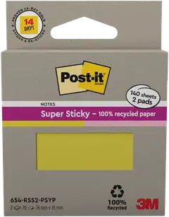 Post-it® Super Sticky 100% Recycled -viestilaput, 654-RSS2-PSYP, keltainen ja vaaleanpunainen, 76 mm x 76 mm, 70 viestilappua/lehtiö, 2 lehtiötä/pakkaus - 2